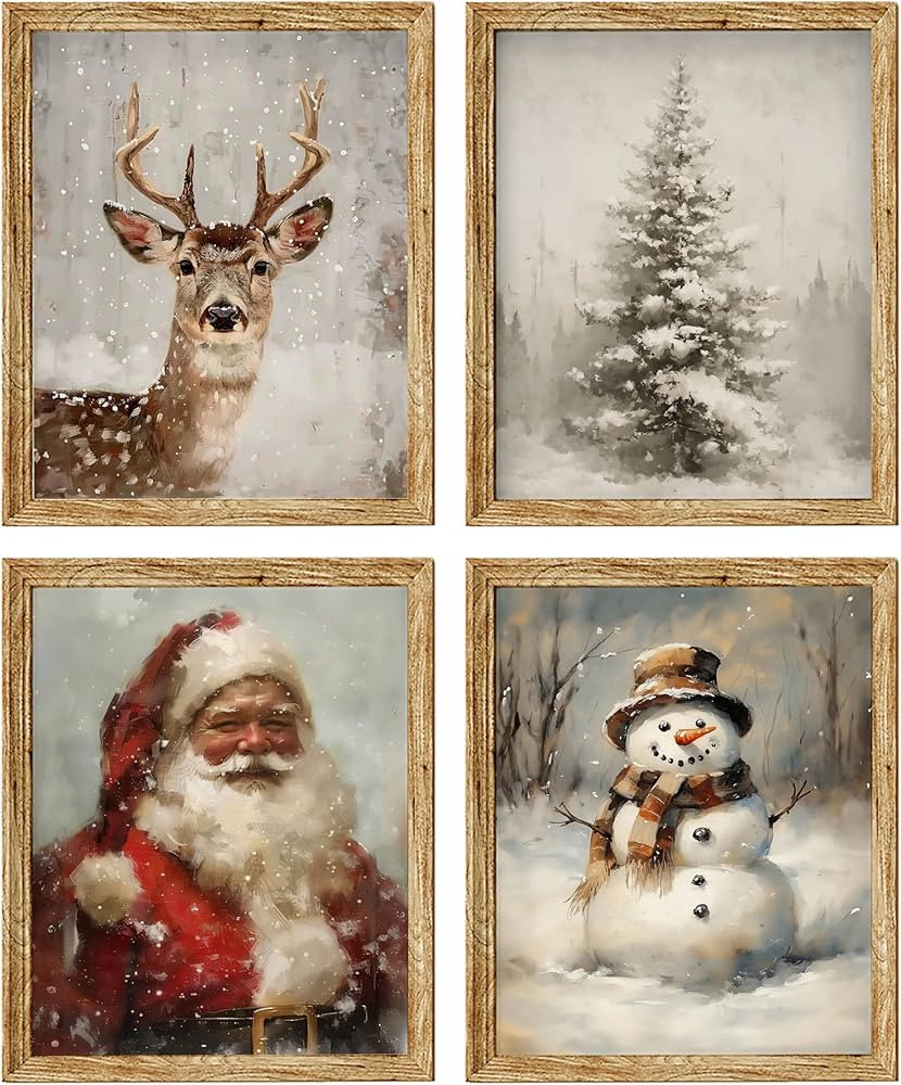 LKETW Vintage Winter Christmas Prints Poster Unframed Set of 4 8x10, Rustic Santa and Reindeer Wa... | Amazon (US)
