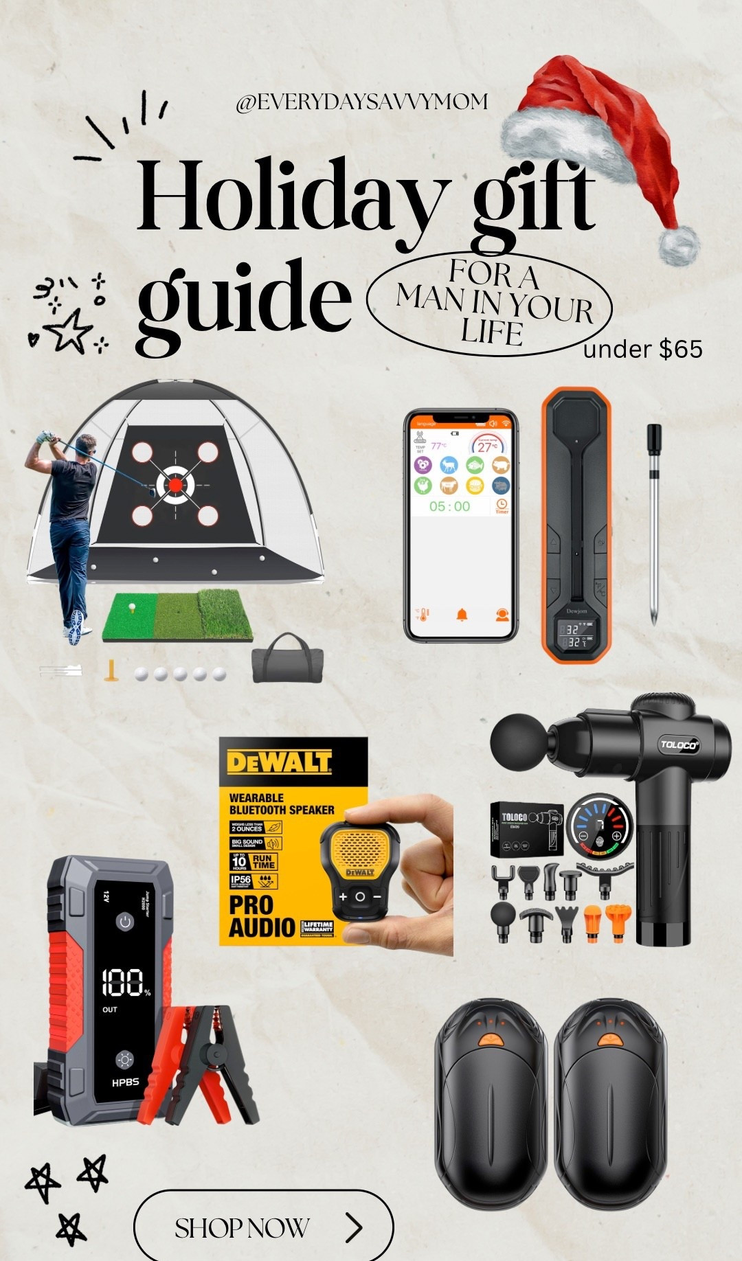 HOLIDAY GIFT GUIDE 🎁 | Men’s Gifts Under $65
Shopping for the man in your life just got easier! These Amazon gift ideas for men are practical, useful, and guaranteed to be a hit. Perfect for husbands, boyfriends, dads, brothers, and hard-to-shop-for guys.

Sharing all my top affordable gifts for him — from a golf practice net and massage gun to a DeWALT wearable speaker, digital tire gauge, portable jump starter, and rechargeable hand warmers. These are the everyday gadgets men actually use and love.

Great for Christmas gifts for men • stocking stuffers • gift ideas under $65 • budget-friendly men’s gifts • practical gifts for guys.
Everything is linked for quick + easy holiday shopping! 🎄✨

#LTKFindsUnder50 #LTKGiftGuide #LTKMens