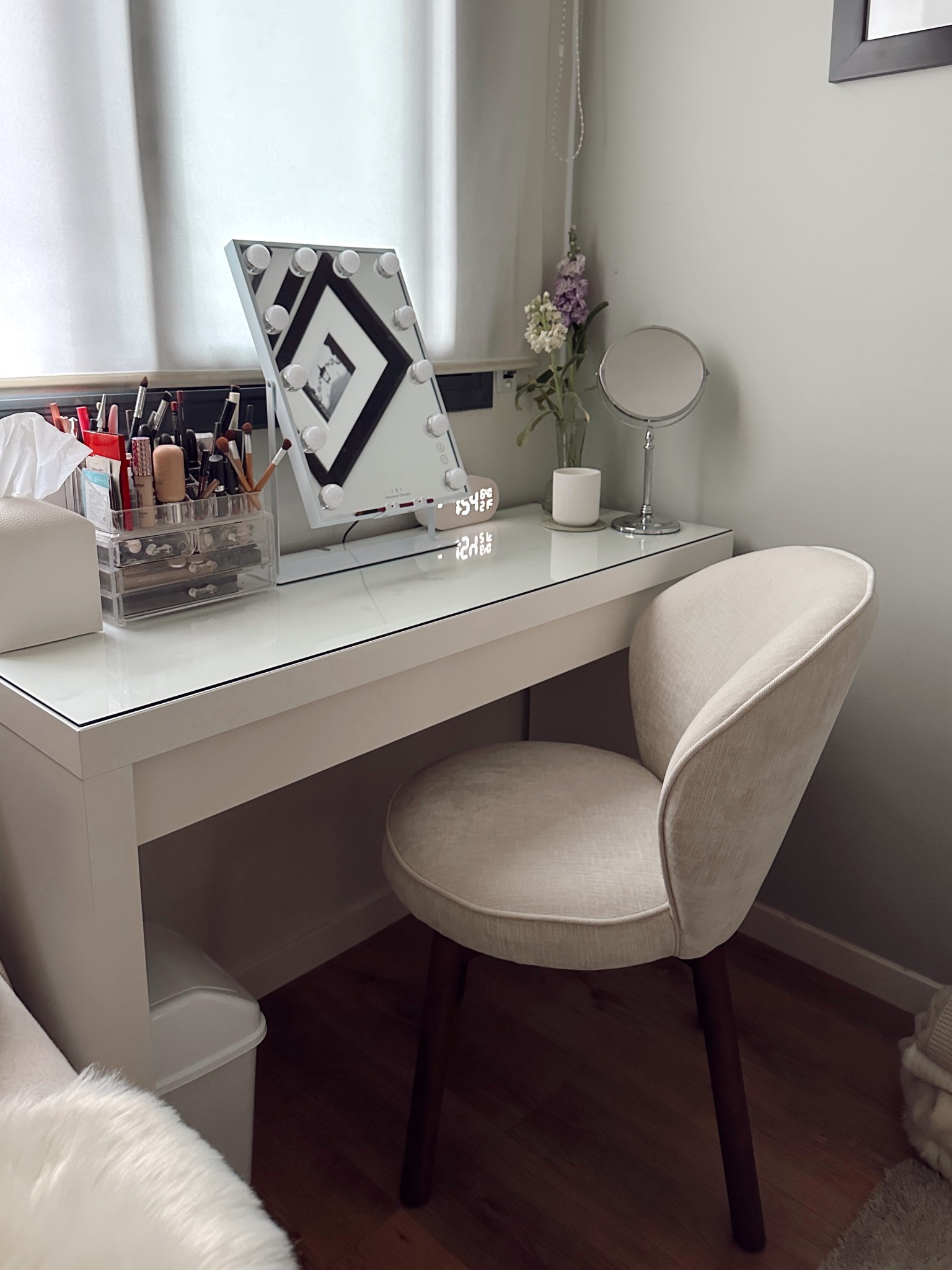 Little by little upgrading this special corner, the latest update being this gorgeous upholstered chair. Covered in a woven chenille with dark wood legs, the curved back gives an elegant and organic feel while also providing that encompassing feeling. I wanted to make sure it was a chair that could tuck under the console so as to not take up to much space in small room / floor area. Next additions to this space will be: a new more romantic window shade and hat pegs to replace art on wall. 

#LTKHome #LTKBeauty