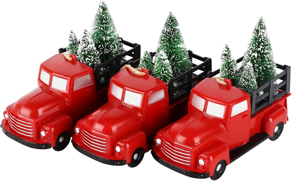 Hxezoc 3 Pack Vintage Red Truck Christmas Tree Ornaments Handcrafted Red Plastic Truck Vehicle Ca... | Amazon (US)