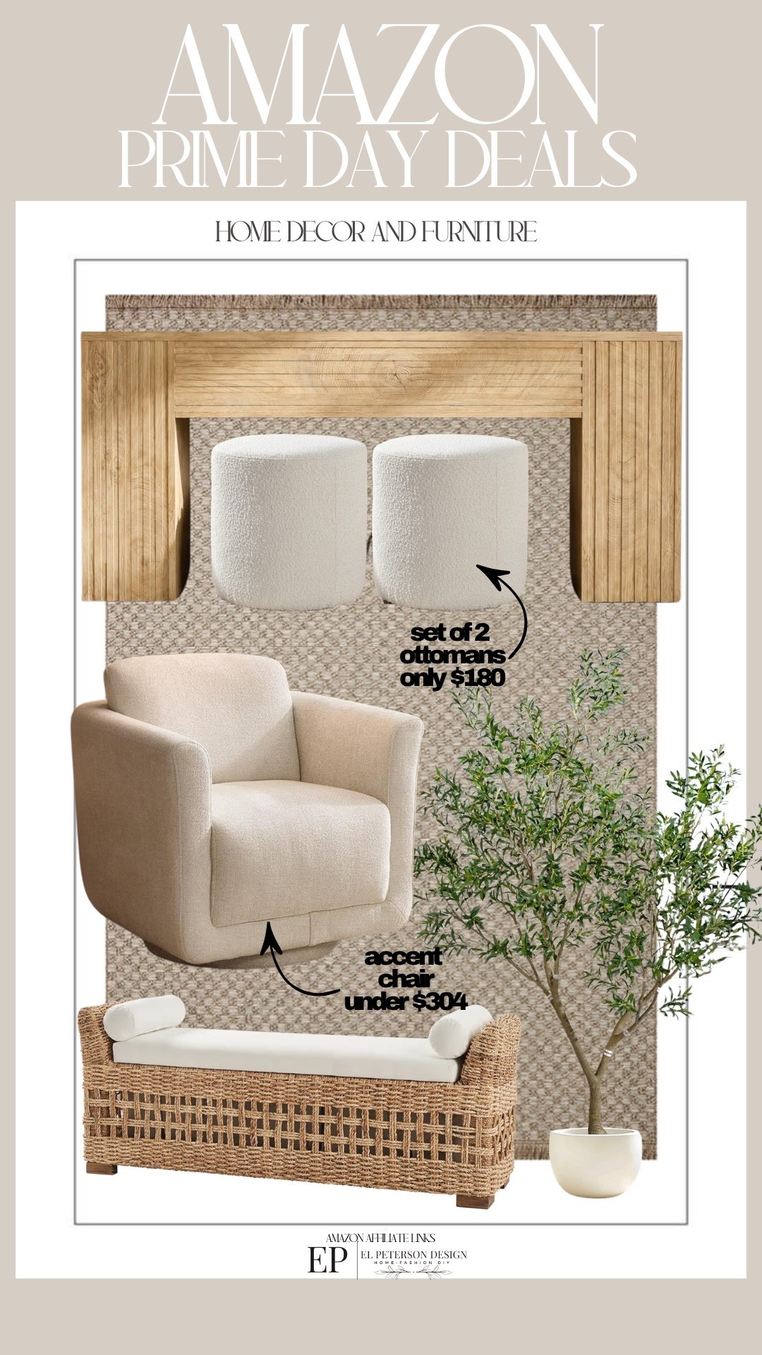 Amazon Prime Day 
Last day
Rug
Console table
Ottomans 
Accent chair
Faux Olive tree
Bench

#LTKHome #LTKSaleAlert