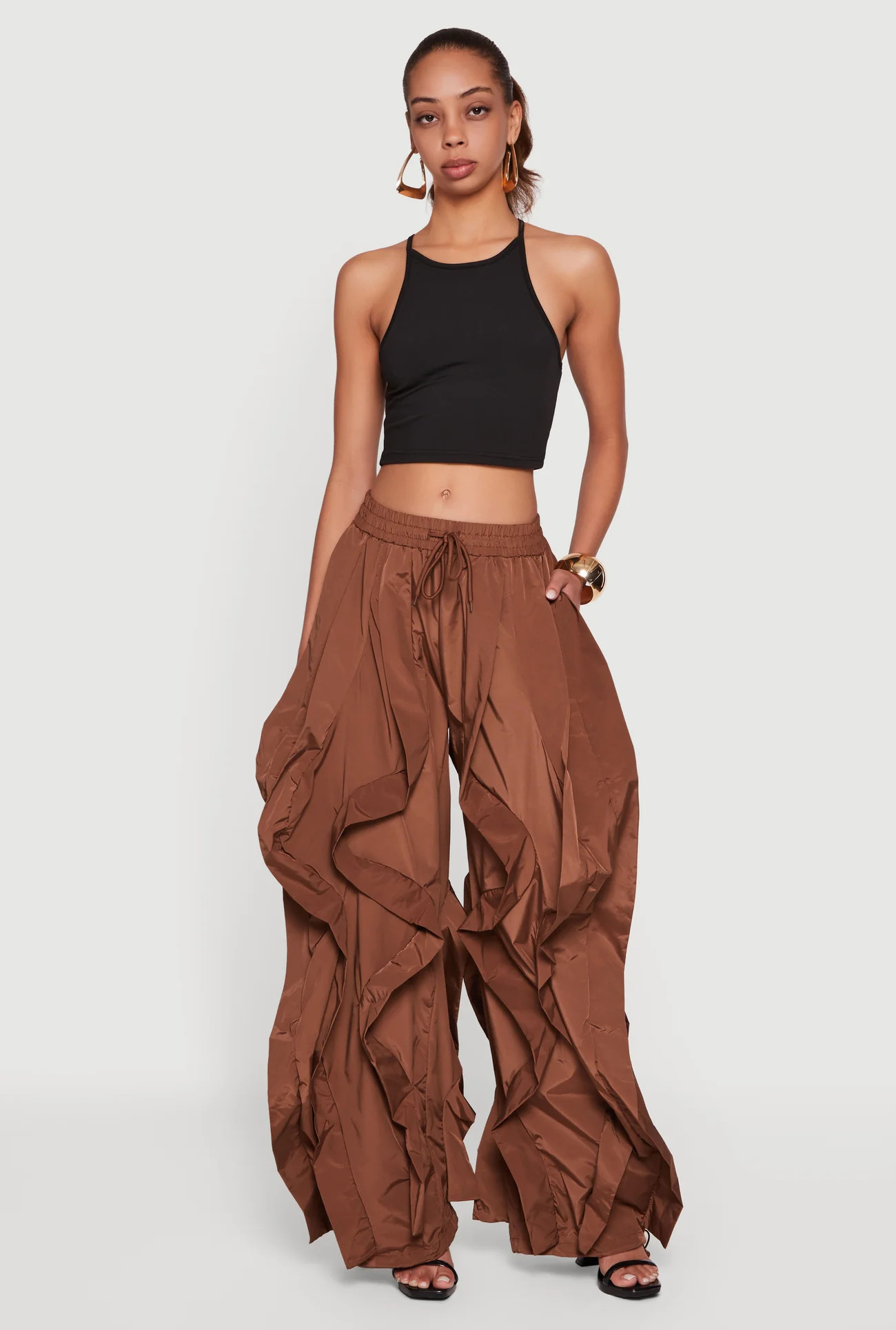 Drawstring Waist Ruffle Parachute Pants | Rainbow Shops