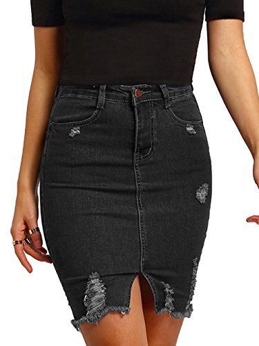 MakeMeChic Women's Basic Casual Ripped Pocket Short Mini Denim Skirt Black M | Amazon (US)