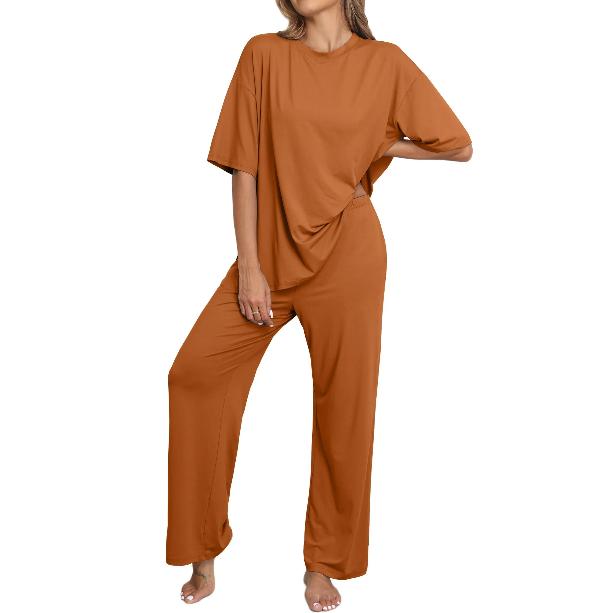 MINTREUS Lounge Sets for Women Knit Short Sleeve Tops and Long Pants Soft Comfy Pajamas Set Overs... | Walmart (US)