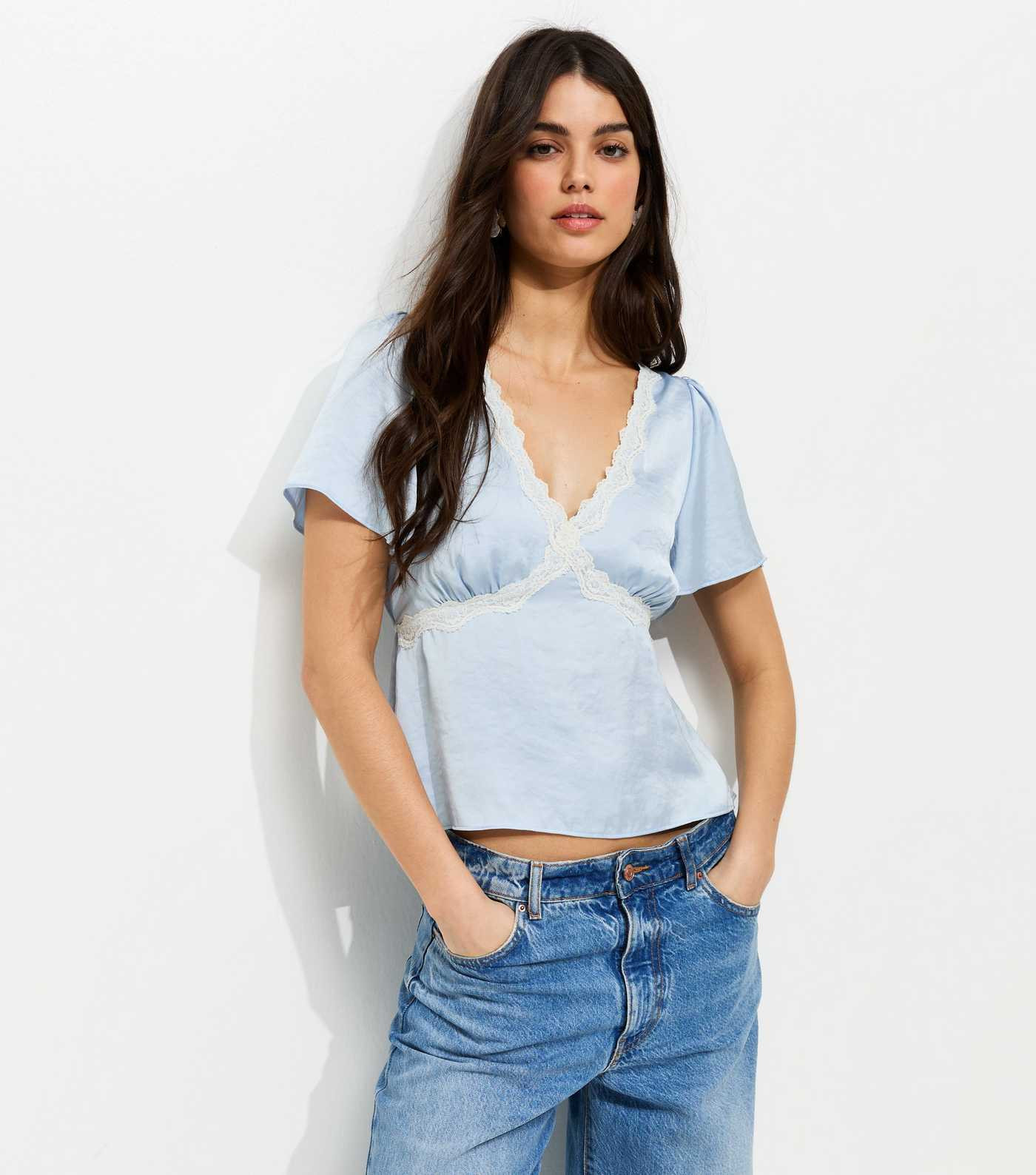 Light Blue Lace Trim Flutter Sleeve Satin Tea Top | New Look | New Look (UK)