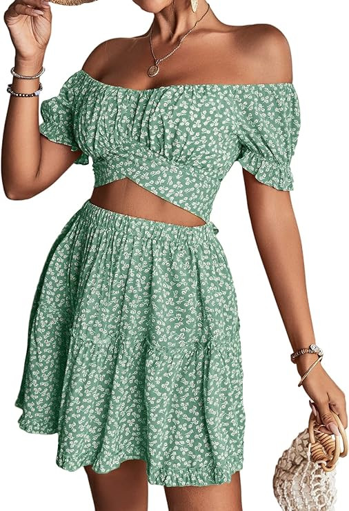 LYANER Women's 2 Piece Outfits Floral Off Shoulder Tie Up Crop Top and Mini Skirt Set | Amazon (US)
