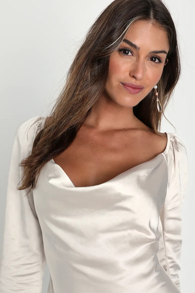 Sensational Fate Champagne Satin Cowl Neck Mini Dress | Lulus