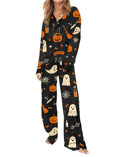 SHESHOW Funny Halloween Pajamas Women Satin Pajama Long Sleeve 2 Piece Sets Cute Halloween Pjs Women Black M | Amazon (US)