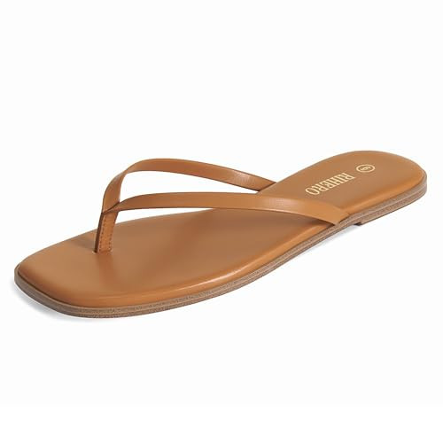 Rihero Women’s Tan Flip Flops Comfortable Leather Summer Thong Sandals Slip On Walking Slide Sandals | Amazon (US)