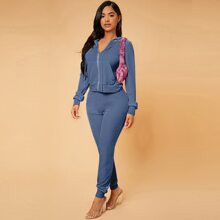 Zip Up Drawstring Hooded Velvet Jacket & Sweatpants | SHEIN