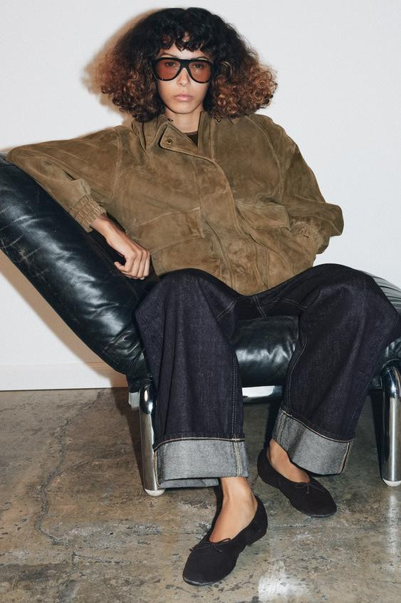 VELVET-EFFECT BALLERINA FLATS WITH BOW | Zara UK