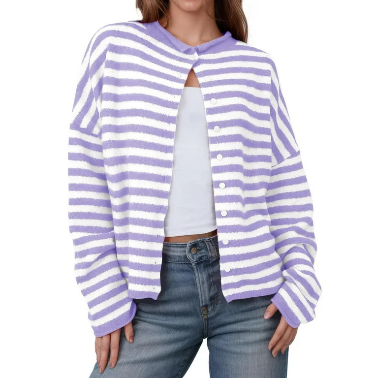 gbyLJF Women's Knitted Cardigan Striped Long Sleeve Button Down Sweaters Soft Comfy Open Front Ro... | Walmart (US)