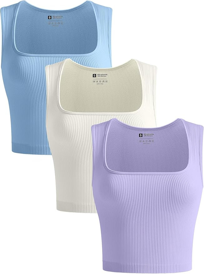 OLCHEE Womens 3 Pack Crop Tank Tops Seamless Ribbed Square Neck Tapered Shoulder Strap Sleeveless... | Amazon (US)