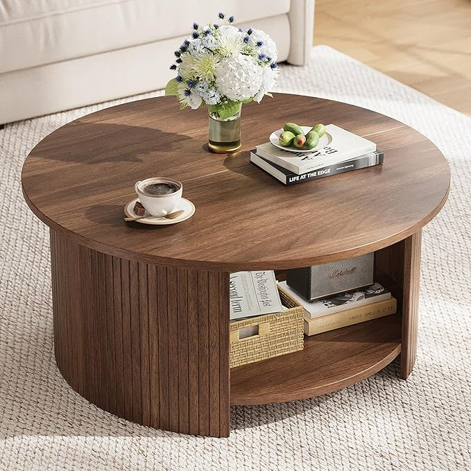 Round Coffee Table with Storage, 31.5" Modern Fluted Center Table, 2-Tier Mid Century Coffee Tabl... | Amazon (US)