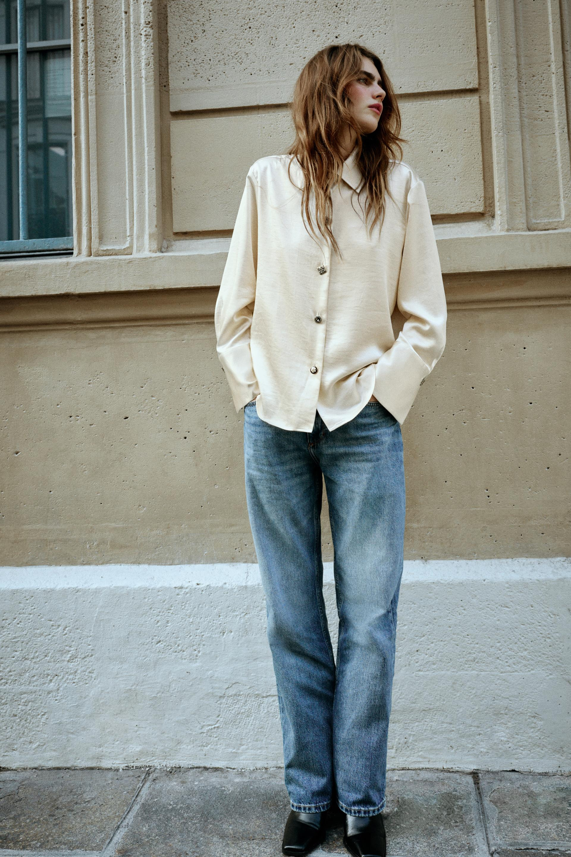 Zara - Satin Shirt With Jewel Buttons - Ecru - M - Woman | Zara US