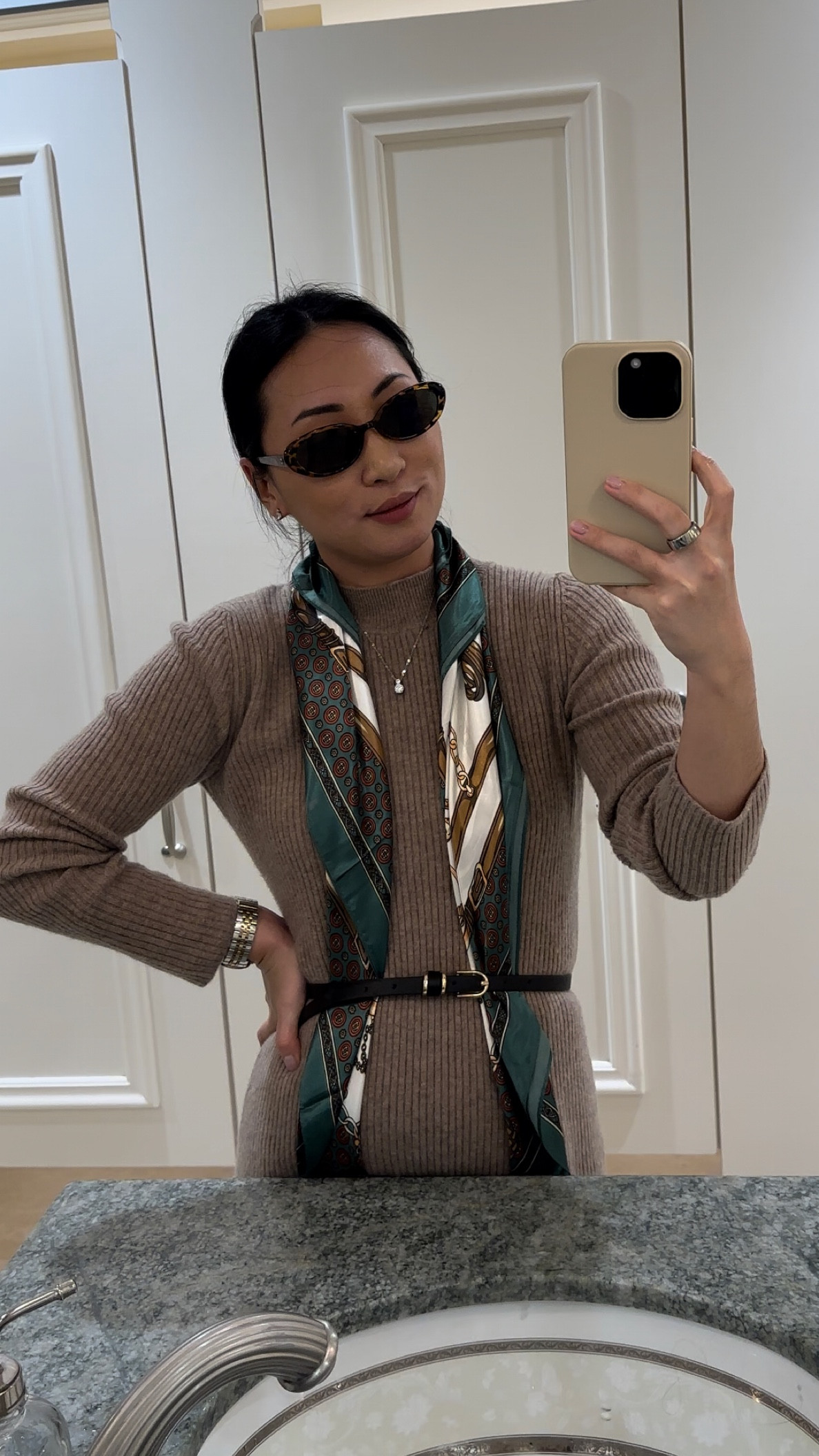 Napa Valley Winery Bachelorette Weekend Outfit: sweater ribbed dress, satin scarf, black dress belt, vintage oval sunglasses, Michael Kors watch, black over the knee boots, Dareth Colburn Designs bridesmaid set (similar)

#LTKstyletip #LTKSeasonal #LTKwedding