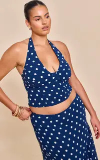 Plus Navy Polka Dot Halterneck Chiffon Top | PrettyLittleThing US