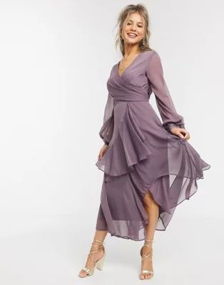 ASOS DESIGN wrap waist midi dress with double layer skirt and long sleeve in mauve | ASOS (Global)