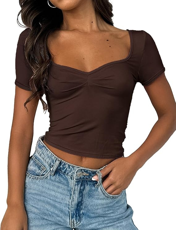Women's Short Sleeve Going Out Crop Top Sexy Pleated Cute Shirt Sweetheart Neck Y2K Ruched Croppe... | Amazon (US)