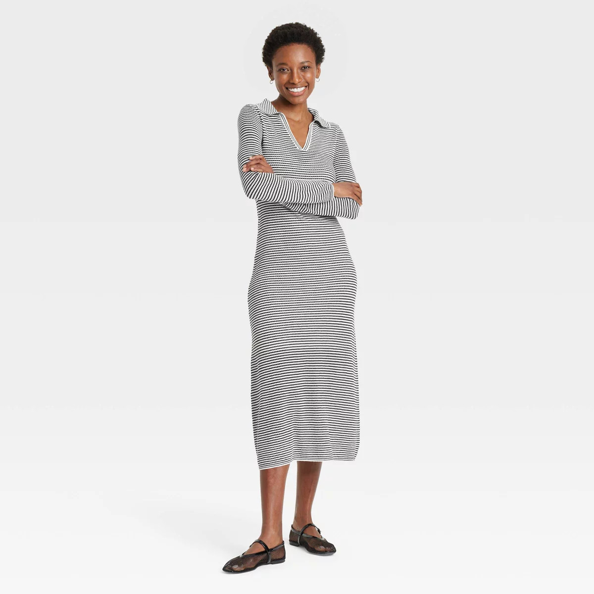 Women's Long Sleeve Maxi Sweater Dress - A New Day™ Black/Cream Striped | Target