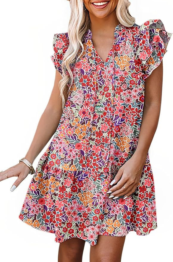 Dokotoo Womens Summer Dresses 2026 V-Neck Drawstring Ruffle Cap Short Sleeve Side Pockets Mini Dr... | Amazon (US)