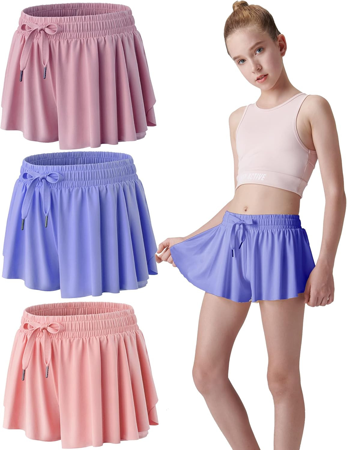 3 Pack Girls Flowy Shorts with Spandex Liner 2-in-1 Youth Butterfly Skirts for Fitness, Running, ... | Amazon (US)