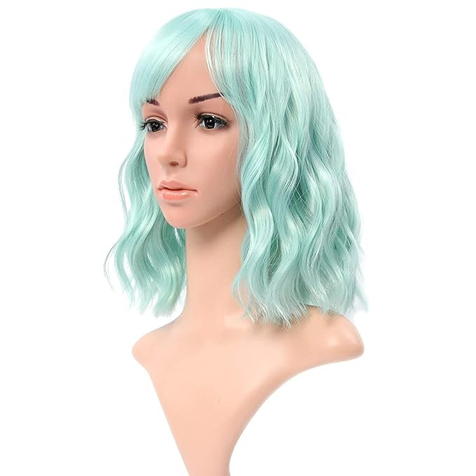 VCKOVCKO Natural Wavy Wig With Air Bangs Light Green Colorful Short Bob Wigs for Women's Shoulder... | Amazon (US)