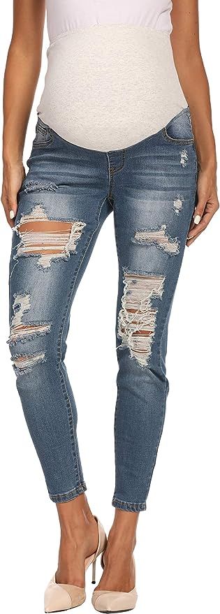 V VOCNI Maternity Jeans Skinny Distressed Denim Stretch Slim Jeggings Underbelly Pregnancy Pants | Amazon (US)