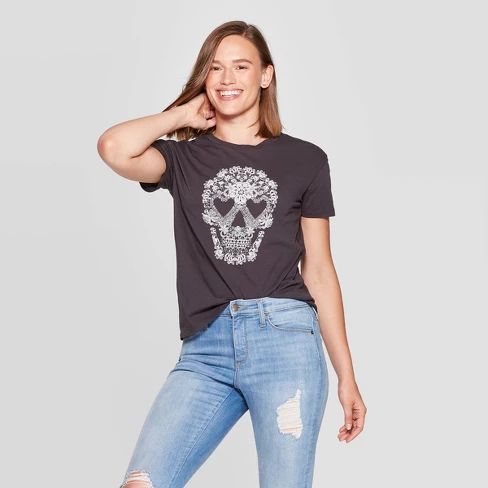 Women's Lacey Skeleton Skull Short Sleeve T-Shirt - Fifth Sun (Juniors') - Black | Target