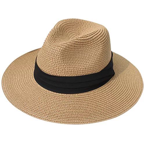 Lanzom Women Wide Brim Straw Panama Roll up Hat Fedora Beach Sun Hat UPF50+ (Brown) - Walmart.com | Walmart (US)