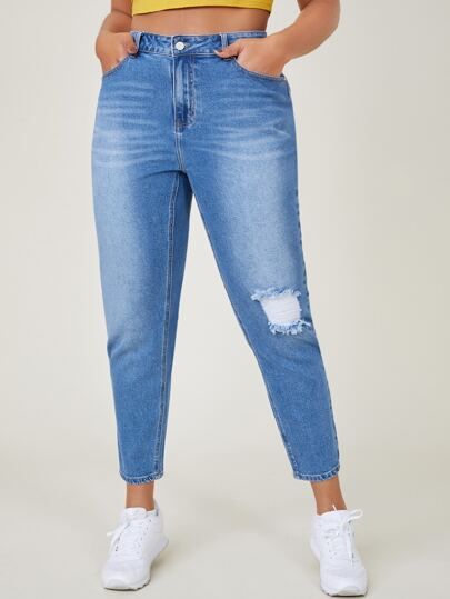 SHEIN BASICS Plus High Waist Ripped Mom Cropped Jeans | SHEIN