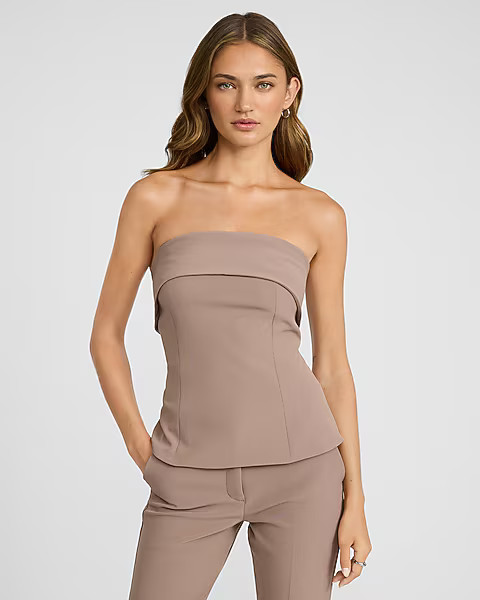 Studio Stretch Twill Fold Over Strapless Tailored Top | Express