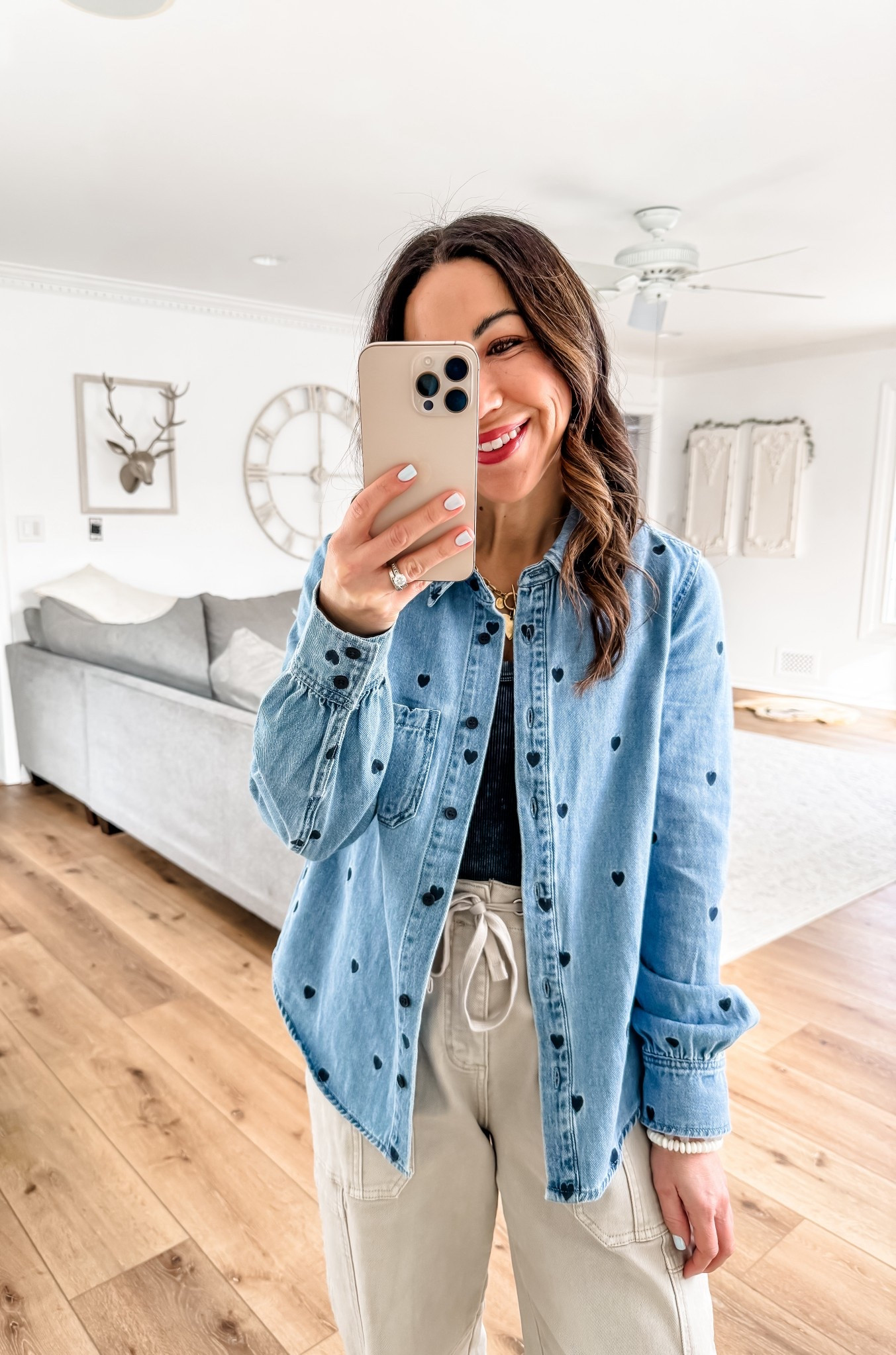 Small denim shirt. 25 cargo pants. Sneakers size down. Valentine’s Day outfit.



#LTKValentine #LTKOver40