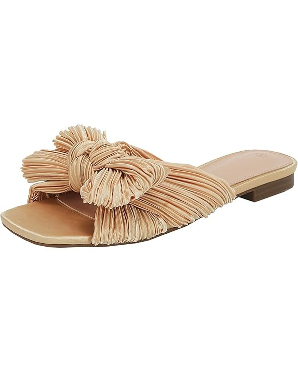 VETASTE Women's Pleated Bow Flat Sandals Open Square Toe Slip on Slide Sandals | Amazon (US)