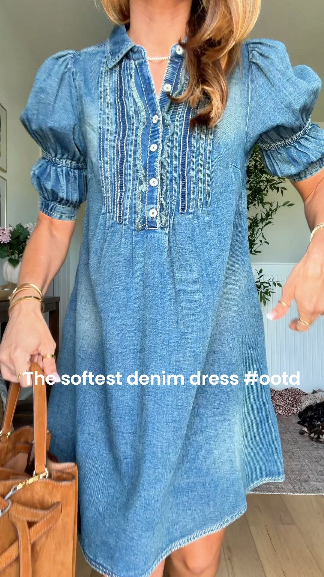 The softest denim dress in XXS regular. Functional buttons and pockets! Suede bucket bag purse. Brown ballet flats are TTS. Elevated casual outfit. Summer outfit. Summer dress. Fall outfit. Fall dress. Mom outfit.

#LTKgrwm #LTKootd #LTKPetite