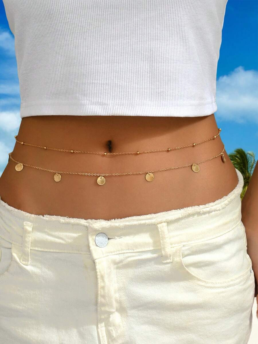 2pcs Set Minimalist Sexy Vacation Style Gold Metal Delicate Chain Pendant Waist Chain, Suitable F... | SHEIN