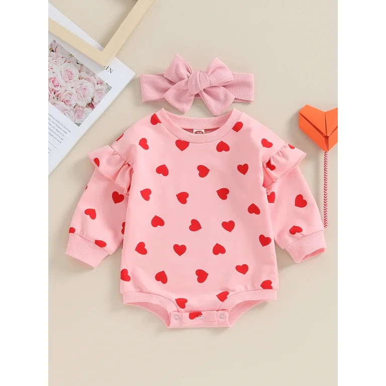 2pcs Baby Girl Valentine's Day Outfits Ruffle Long Sleeve Heart Print Romper with Headband Set - ... | Walmart (US)