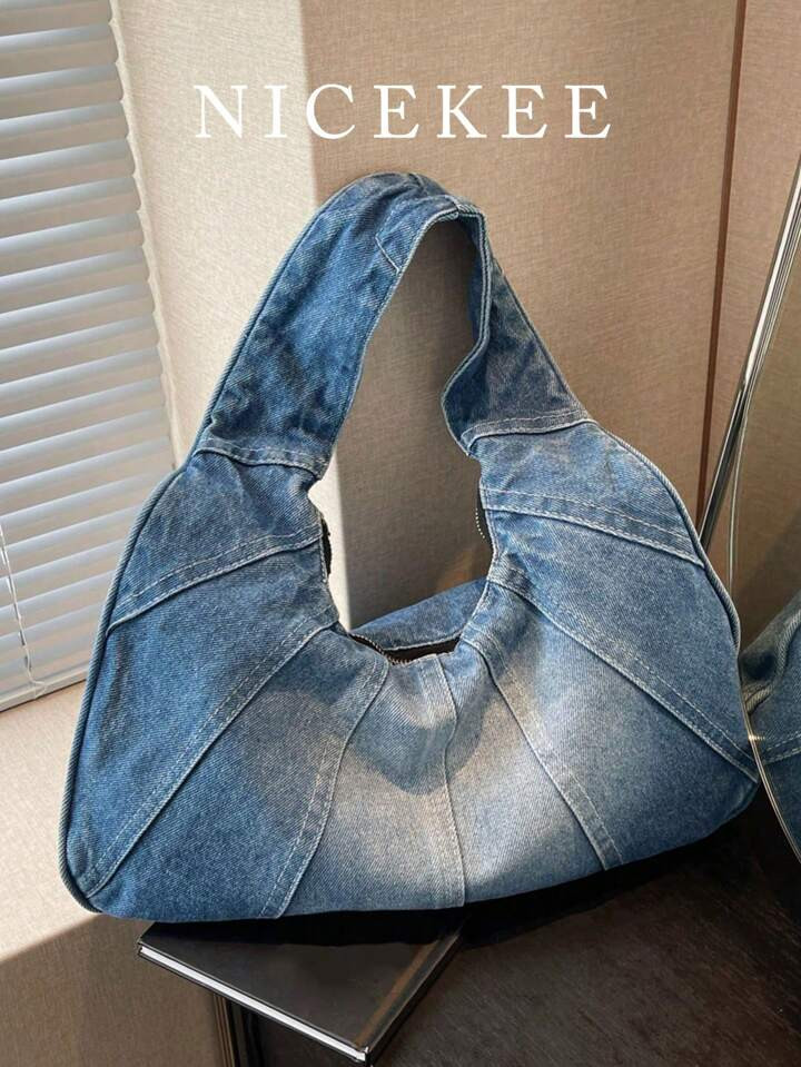 New Arrival Ladies Shoulder Bag, Popular Crescent-Shaped Cowhide Jean Fabric Handbag, Large Capac... | SHEIN