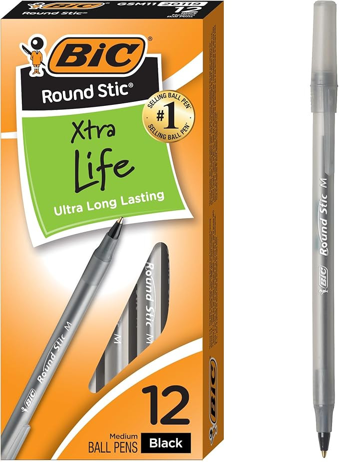 BIC Round Stic Xtra Life Black Ballpoint Pens, Medium Point (1.0mm), 12-Count Pack of Bulk Pens, ... | Amazon (US)
