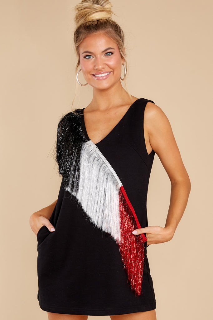 Black, White, And Red Diagonal Fringe Dress | Red Dress 