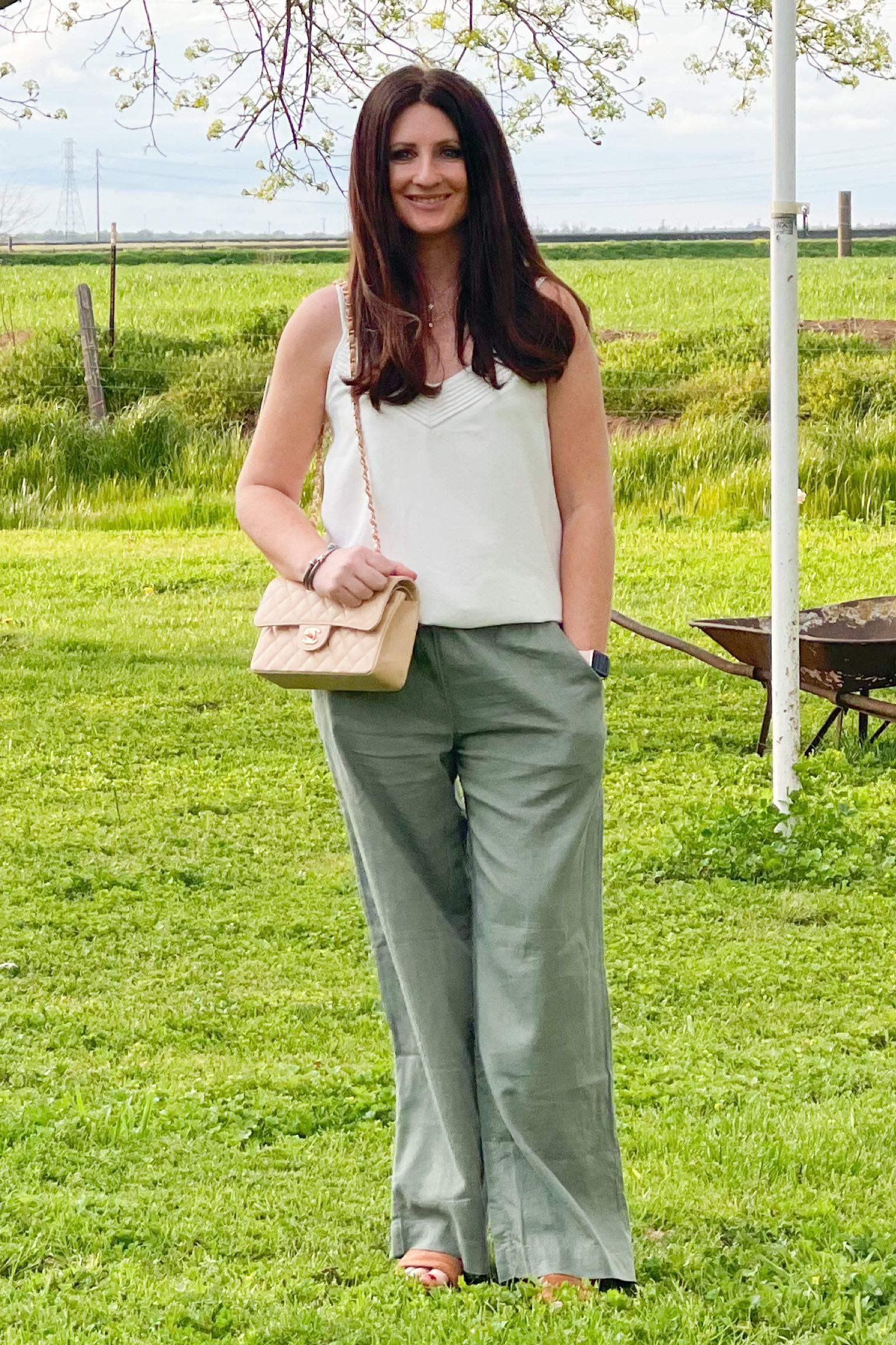 Best wide leg linen pants for petite women. Petite wide leg pants. Spring outfit. Easter outfit. Brunch outfit. Wide leg pants under $60. Nordstrom finds. Chanel classic flap bag beige Clair. Van Cleef & Arpels Sweet Alhambra necklace mother of pearl necklace. Olive green pants. The most comfortable block heel sandals. 💗💚

#LTKitbag #LTKshoecrush #LTKstyletip