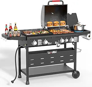 LAUDLIFE 5-Burner Propane Grill Griddle Combo with Side Burner, Triple-Zone BBQ Gas Grill, Non-St... | Amazon (US)