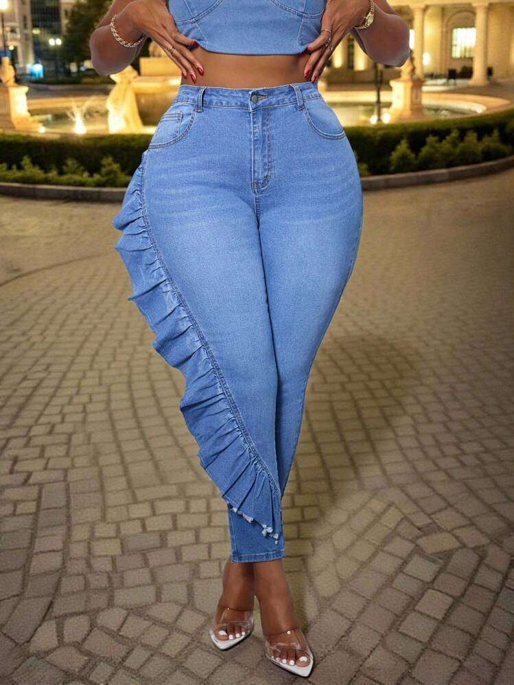 SHEIN SXY Plus Size Women Denim Tight Pants With Ruffle Hem, Fashionable Autumn Ruffles Elegant Vacation Skinny Jeans Music Festival Vacation | SHEIN
