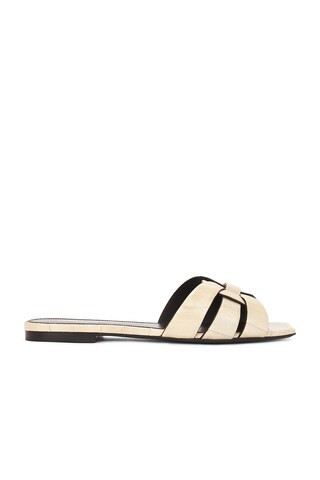 Saint Laurent Tribute Flat Sandal in Brave Ivory - Ivory. Size 40 (also in 36). | FWRD 