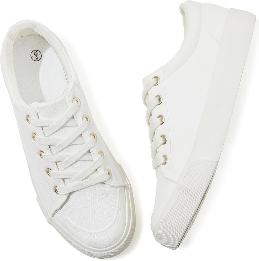 Adokoo Sneakers for Women Canvas Low Top Lace Up Shoes White Fashion Tennis Sneakers Cute Casual ... | Amazon (US)