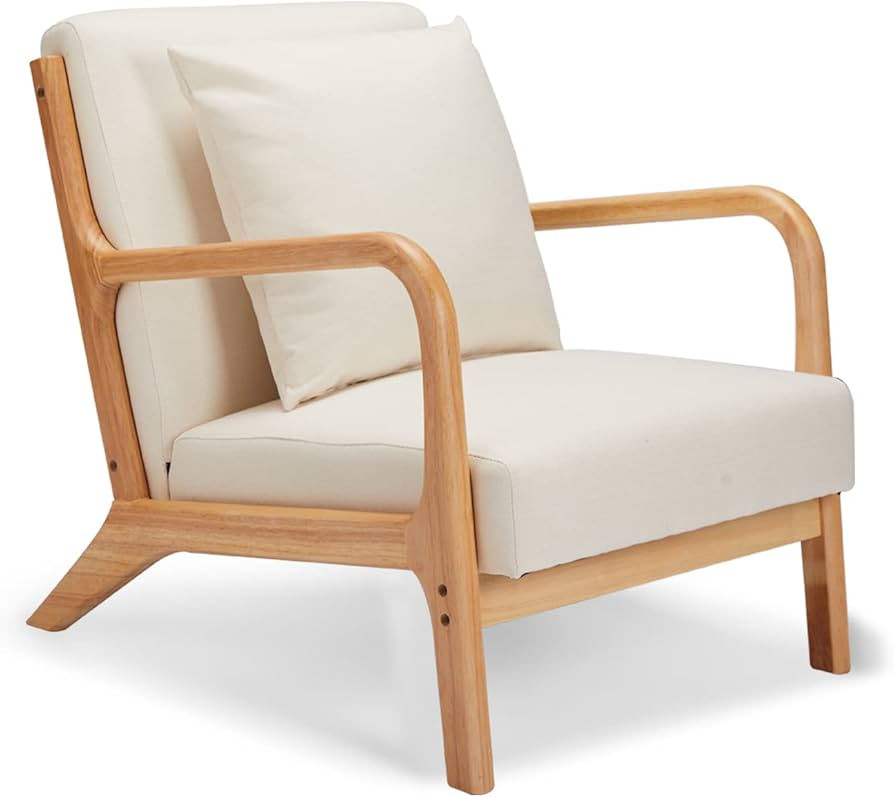 YODOLLA Armchair Accent Chairs for Living Room, Modern Reading Chair with Wooden Arm, Beige Cushi... | Amazon (UK)