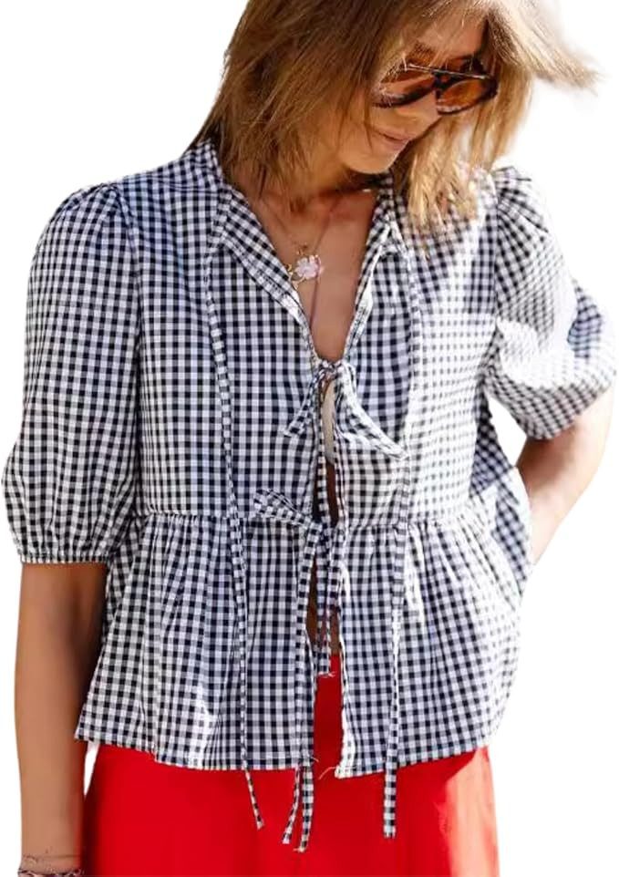 Fashion Tie Front Tops for Women, Cute y2k Gingham Top Coquette Peplum Top Puff Sleeve Tie Top Go... | Amazon (US)