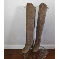 Vintage Size 7 Women's Tan Tall Boots/Block Chunky High Heels Thigh Boots/Stylish Stretch Boots | Etsy (US)