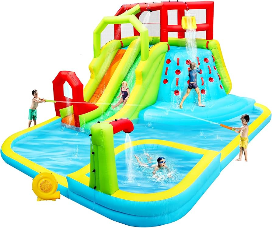 Inflatable Water Slide Park, Bouncy Castle with Deep Pool, 3 Inflatable Sport Balls and 4 Water G... | Amazon (US)