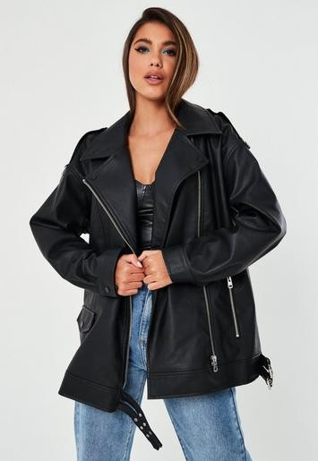 Missguided - Oversized Black Faux Leather Long Vintage Biker Jacket | Missguided (UK & IE)